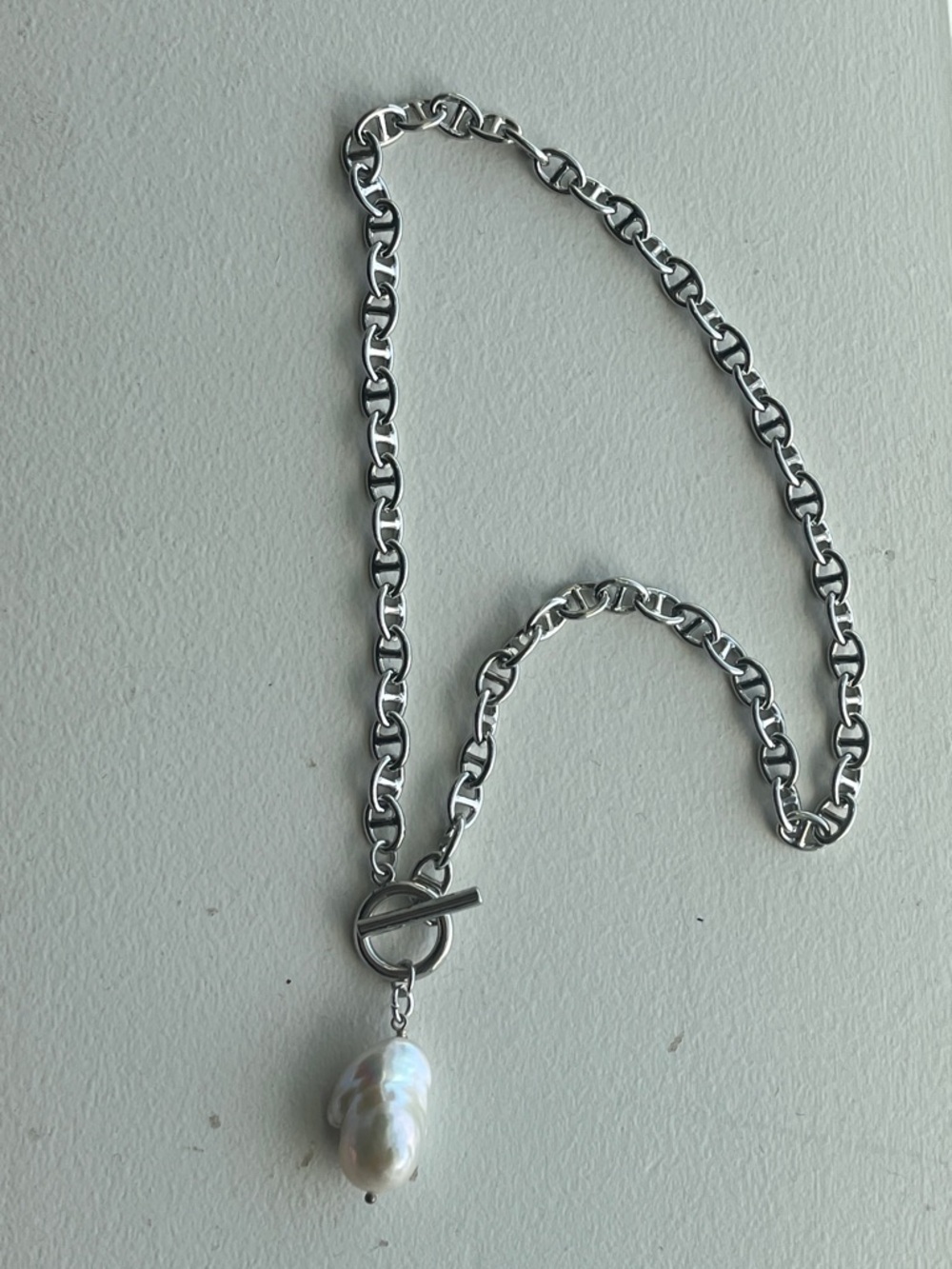 Silver Chain Necklace with Baroque Pearl Pendant